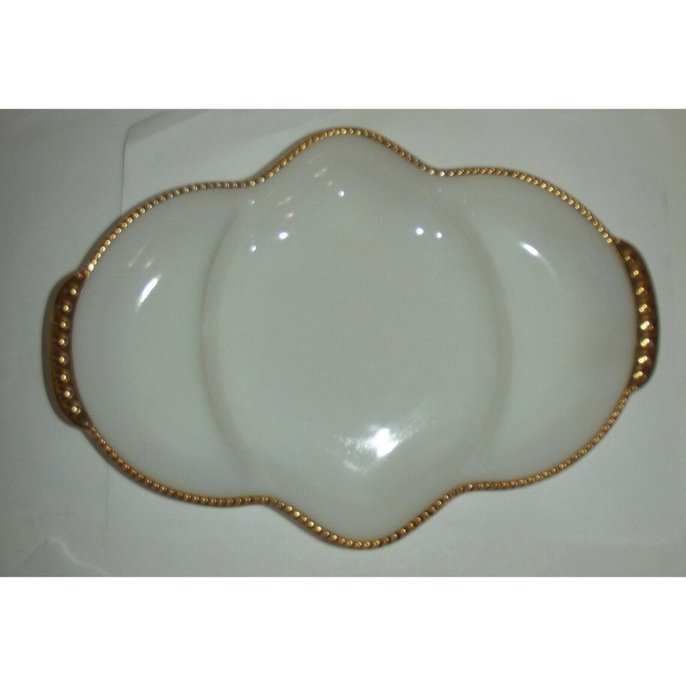 Fire King Oven Ware Divided White Milk Glass Gold Trim Dish vtg Anchor Hocking